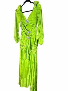 PatBO Neon Green Long Sleeve V-Neck Gown with Jeweled Accents